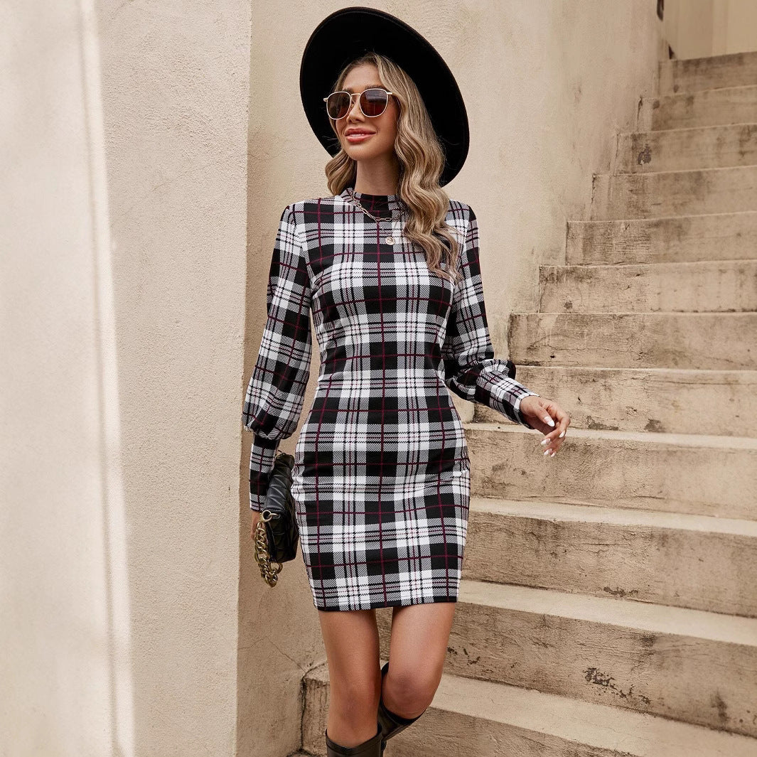 Damen figurbetontes Tartan-Kleid mit langen Ärmeln und Taillengürtel EB