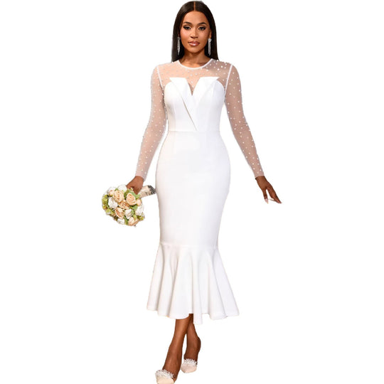 Damen Elegantes Hochzeitskleid mit transparenten Puffärmeln und Taillengürtel EB