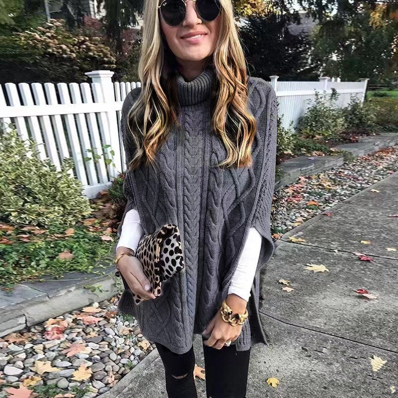 Damen nan kastiger Strickponcho mit hohem Rollkragen, Zopfstruktur und seitlichen Schlitzen EB