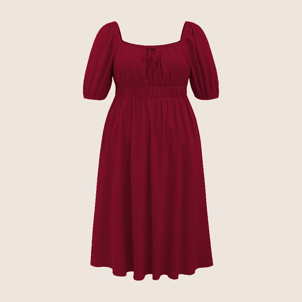 Damen elegantes Midikleid mit modischen Puffärmeln und Taillenschnürung EB
