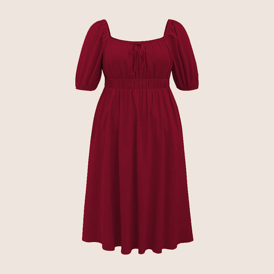 Damen elegantes Midikleid mit modischen Puffärmeln und Taillenschnürung EB