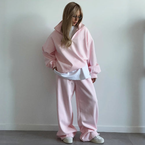 Damen gemütliches Fleece-Loungewear-Set mit Stehkragen und Reißverschluss EB