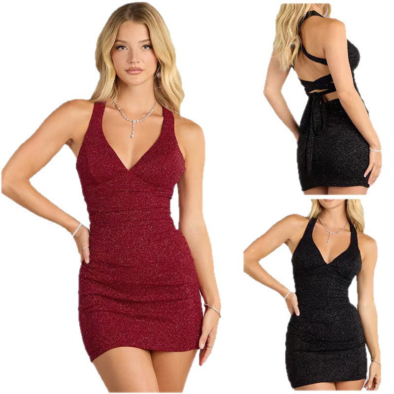 Damen Funktionskleid mit zartem Glitzereffekt und schickem V-Ausschnitt EB