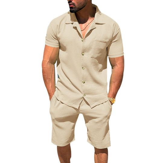 Herren nan lässiges zweiteiliges Freizeitset aus geripptem Jersey mit Hemdkragen Knopfleiste und Shorts EB