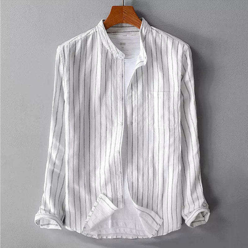 Herren nan lässiges gestreiftes Stehkragenhemd aus Leinen-Baumwoll-Mix mit Brusttasche EB