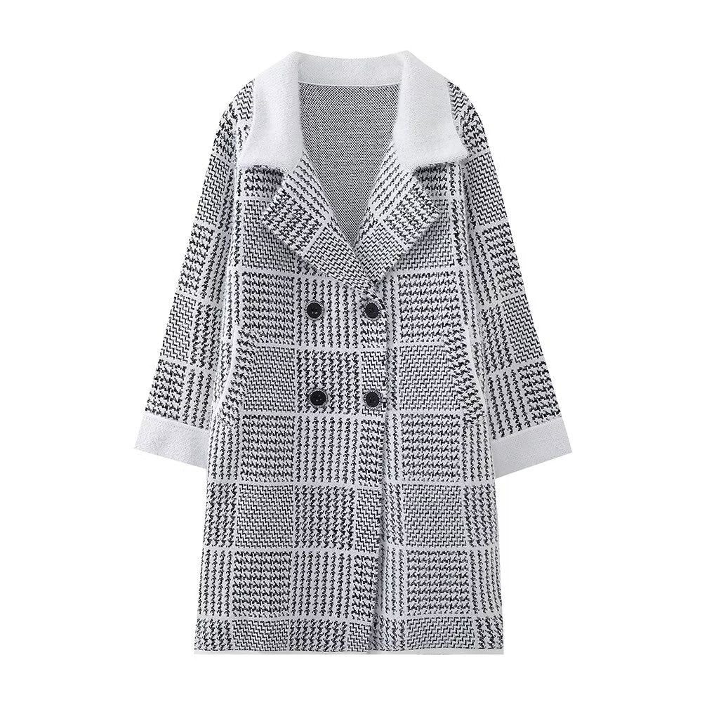 Damen modische Übergangsjacke mit strukturiertem Karomuster und eleganter Knopfleiste EB