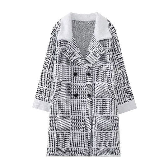 Damen modische Übergangsjacke mit strukturiertem Karomuster und eleganter Knopfleiste EB