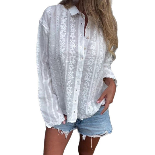 Damen elegante gestickte Bluse mit Knopfleiste und langen Ärmeln Heidi-Mode