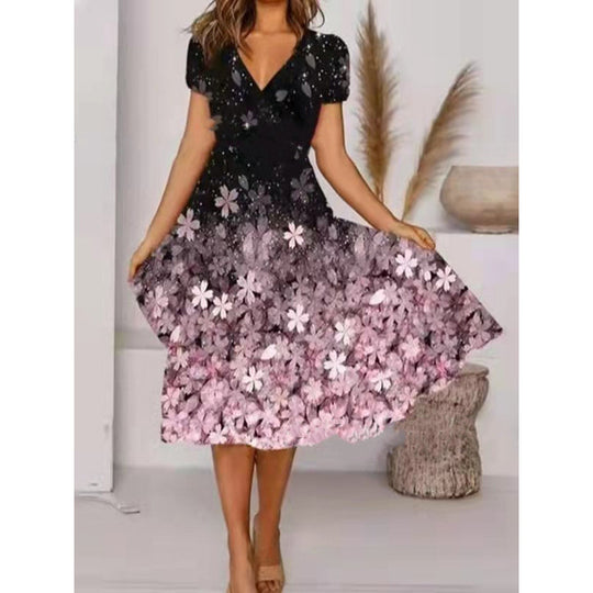 Damen A-Linie Sommerkleid mit V-Ausschnitt und floralen Akzenten EB