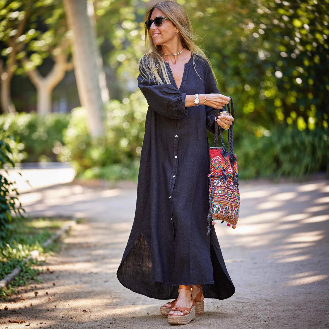 Damen lässiges Langarmkleid mit Knopfleiste und Ballonärmeln EB