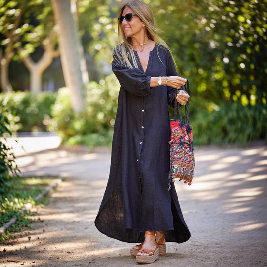 Damen lässiges Langarmkleid mit Knopfleiste und Ballonärmeln EB