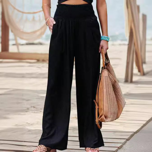 Damen Weite Leinenhose mit elastischem Bund und Falten EB