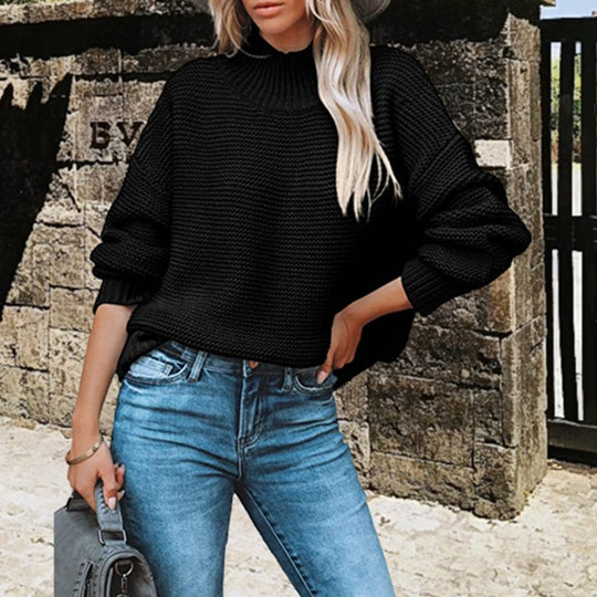 Damen kuscheliger Pullover mit hohem Kragen und strukturiertem Strickmuster EB