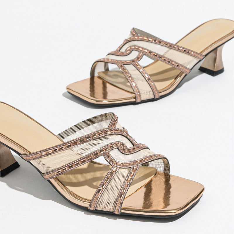 Damen elegante High Heel Mules mit glitzernden Riemen und komfortablem Absatz EB