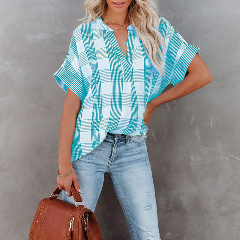 Damen Kurzärmlige karierte Bluse EB