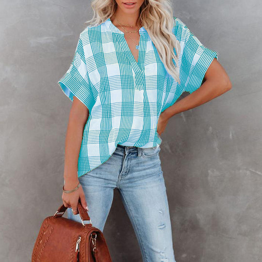 Damen Kurzärmlige karierte Bluse EB