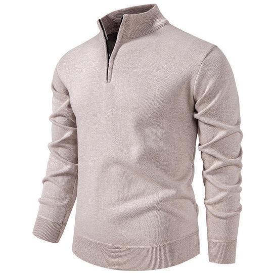 Herren nan Slim-Fit Feinstrickpullover mit kurzem Reißverschluss, Stehkragen und geripptem Bund EB