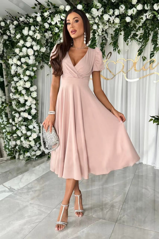 Damen elegantes Midikleid mit Wickeloptik und ausgestelltem Rock EB