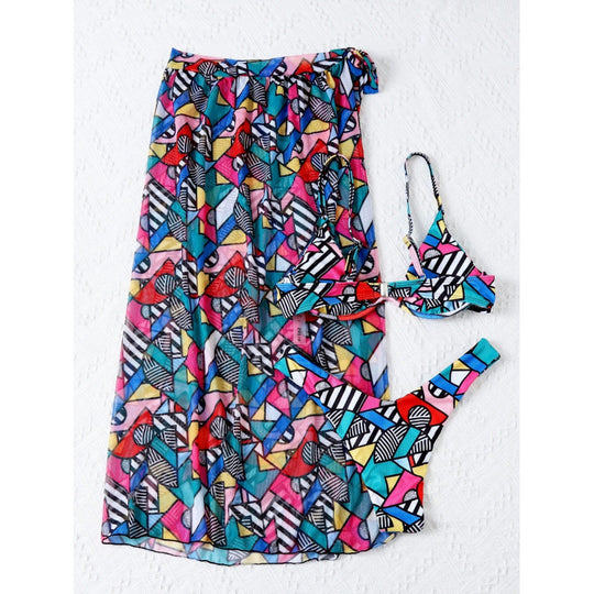 Damen Bikini-Set mit modischem Wickelrock und buntem Grafikdruck EB