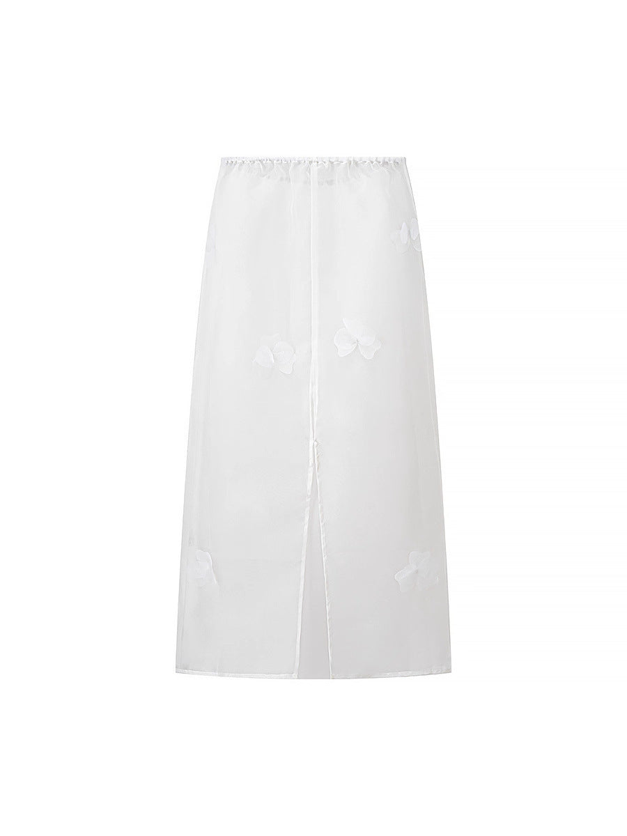 Damen lange transparente Bluse mit floralem Design und seitlichem Schlitz EB