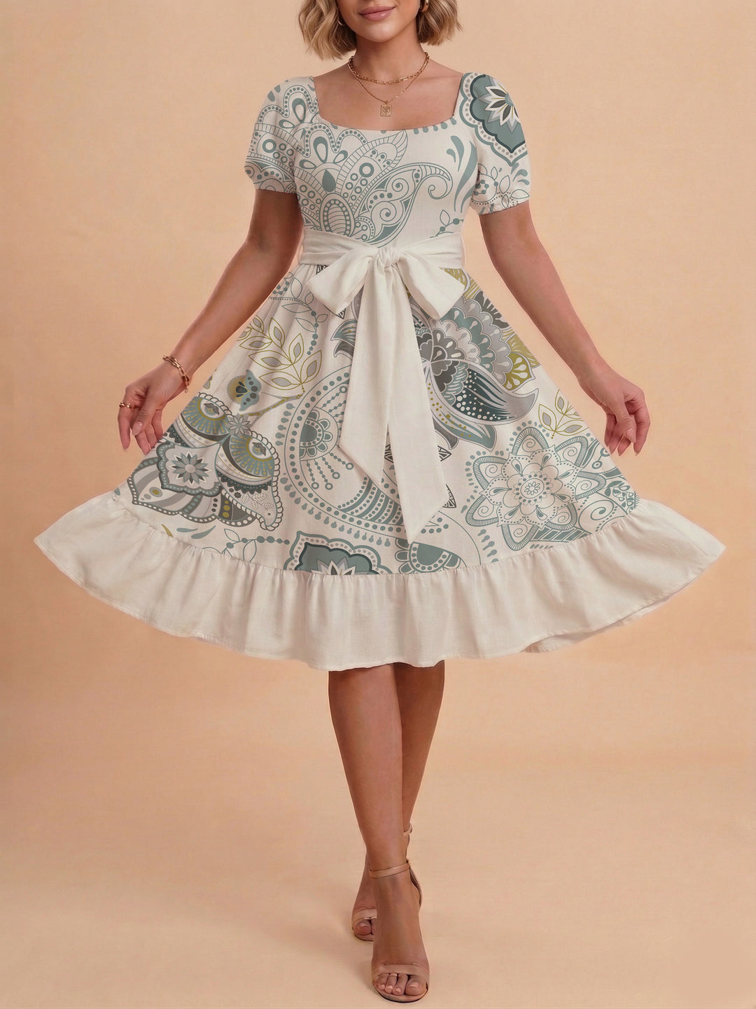 Damen modernes Blumenkleid mit elegantem Taillengürtel und asymmetrischem Saum EB