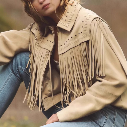 Damen modische Fransenjacke mit steinverziertem Kragen EB