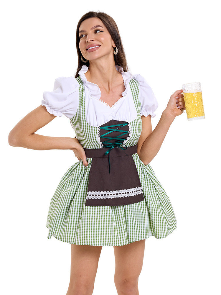 Damen Trachtenkleid im modernen Latzdesign mit nostalgischen Karomustern und verspieltem Schürzenakzent EB