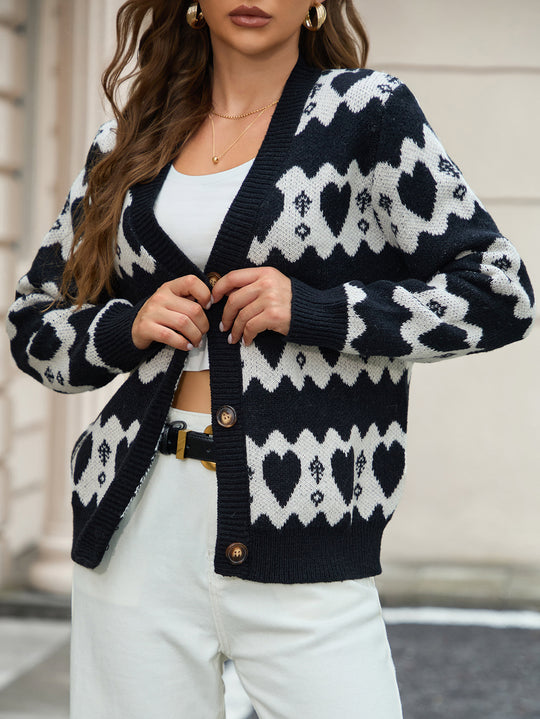 Damen Strickjacke mit Herzenmuster und Knöpfen EB