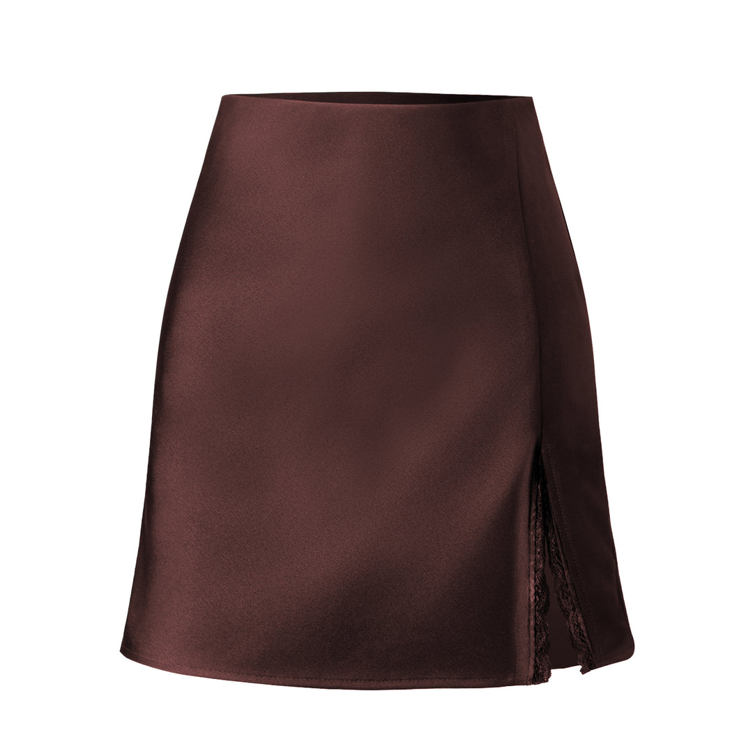 Damen Satin-Rock mit seitlichem Schlitz und Spitzenakzenten EB