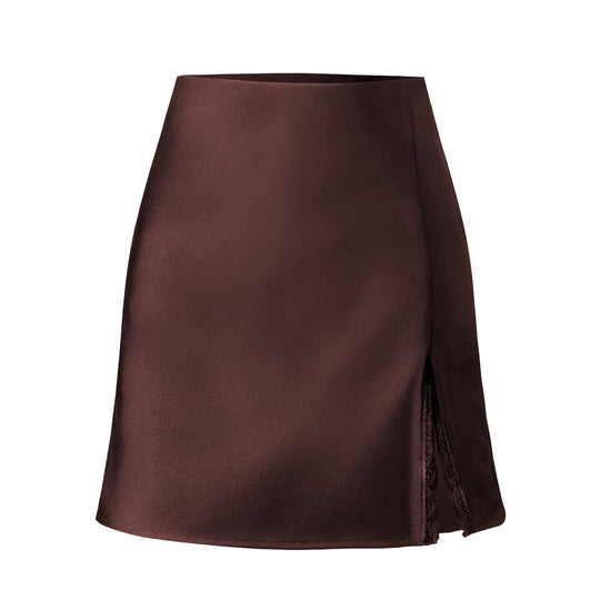 Damen Satin-Rock mit seitlichem Schlitz und Spitzenakzenten EB