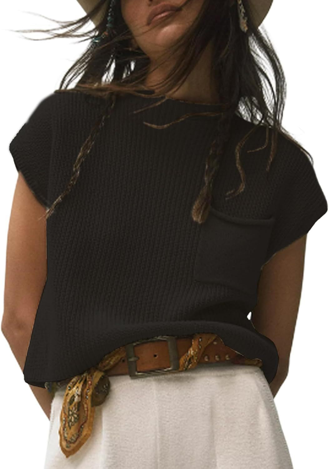 Damen lässiger Strickpullover mit strukturierter Oberfläche und Brusttasche EB