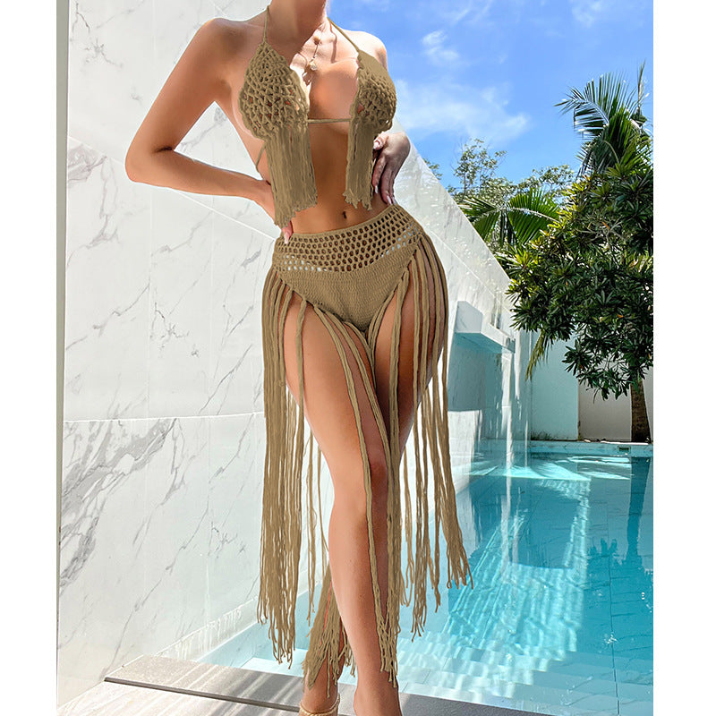 Damen Häkel-Bikini-Set mit fransigen Details und reizvoller Lochstruktur EB