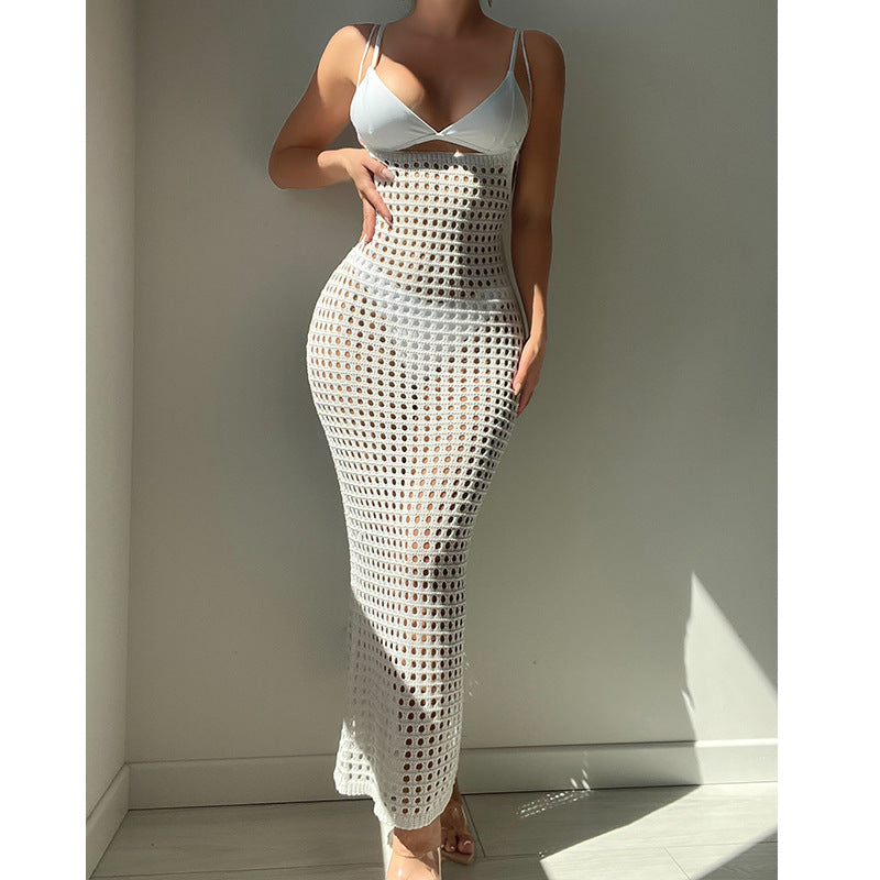 Damen figurbetontes Häkelkleid mit transparentem Design EB