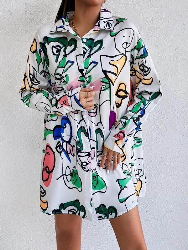 Damen Hemdblusenkleid im modernen Kunstdesign EB