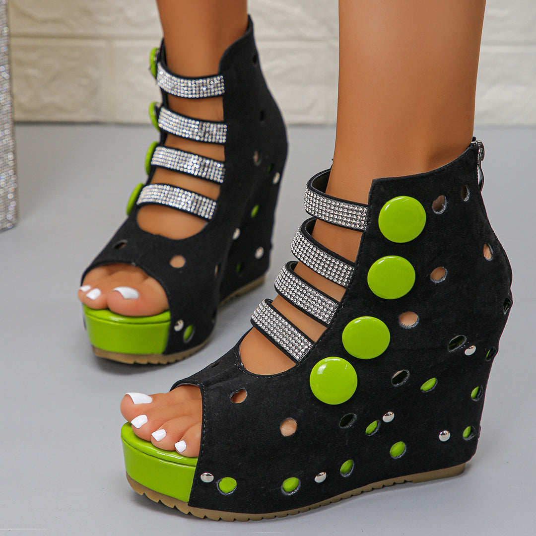 Damen Wedge-Sandalen mit modischem Lochdesign und glitzernden Applikationen EB