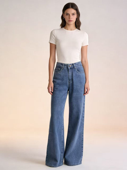 Damen nan hochgeschnittene extra-lange Schlagjeans mit weitem Bein und cleanem Five-Pocket-Schnitt EB