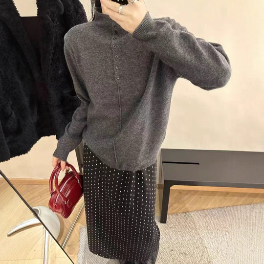 Damen Hochgeschlossener Strickpullover mit Knopfdetails EB