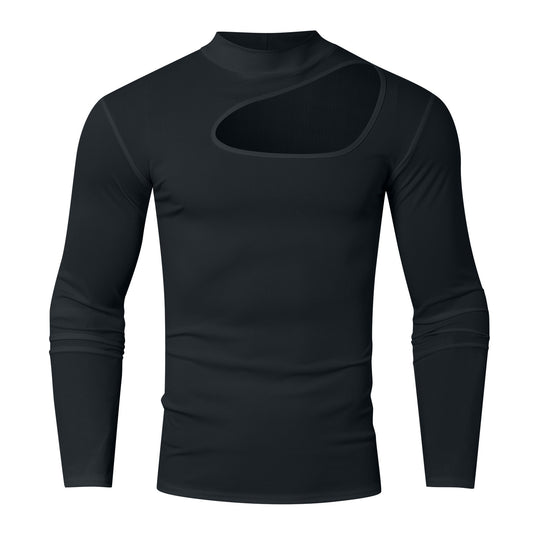 Damen nan eng anliegendes Langarm-Oberteil aus feinem Rippjersey mit asymmetrischem Schulter-Ausschnitt und hohem Kragen EB