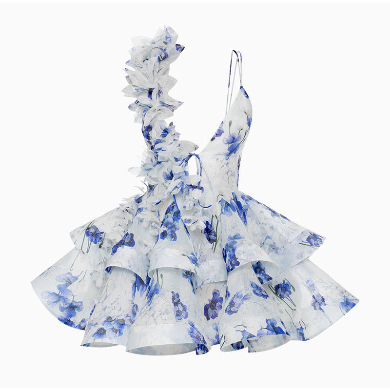 Damen verspieltes Cocktailkleid mit Rüschendesign und Blumenmuster EB