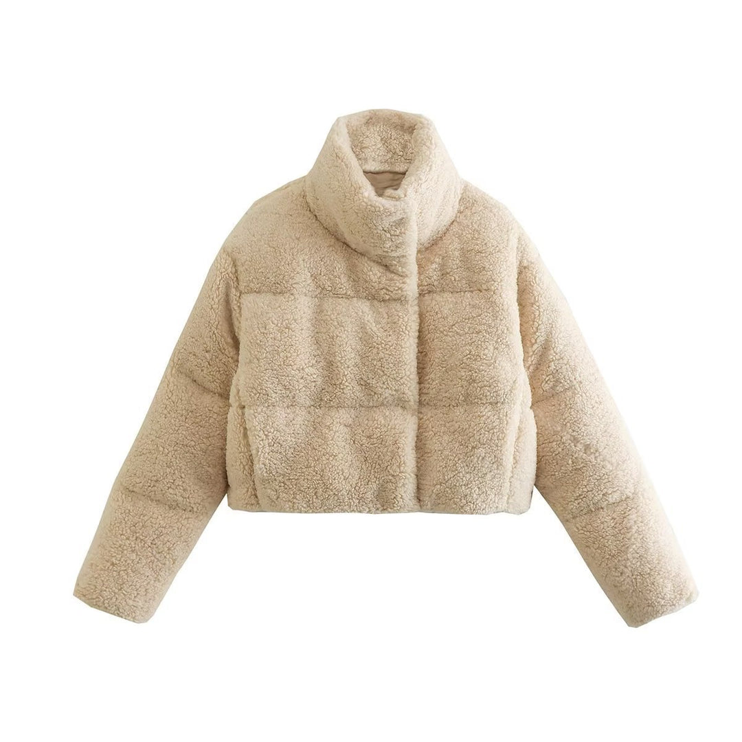 Damen kuschelige cropped Teddyjacke mit hohem Kragen und seitlichen Taschen EB