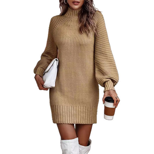Damen Strickkleid mit weitem Rollkragen und puffärmeligen Details EB