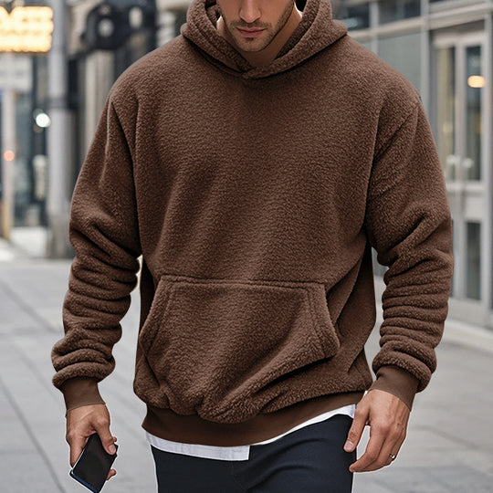 Herren Hoodie aus kuscheligem Teddy-Fleece mit Kängurutasche und breiten Bündchen EB