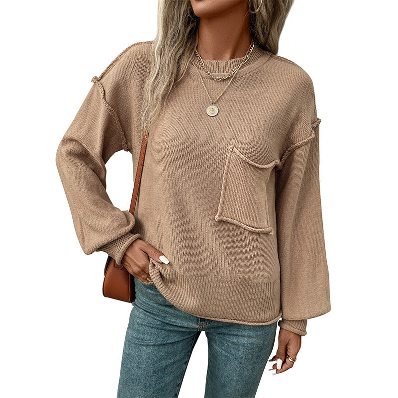 Damen lässiger Pullover mit voluminösen Ärmeln und praktischer Taschendetail EB
