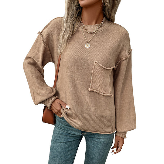 Damen lässiger Pullover mit voluminösen Ärmeln und praktischer Taschendetail EB