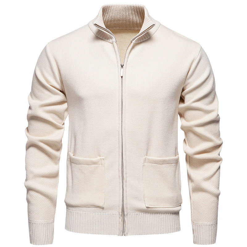 Herren nan feinstrukturierter Reißverschluss-Strickcardigan mit Stehkragen und aufgesetzten Taschen EB