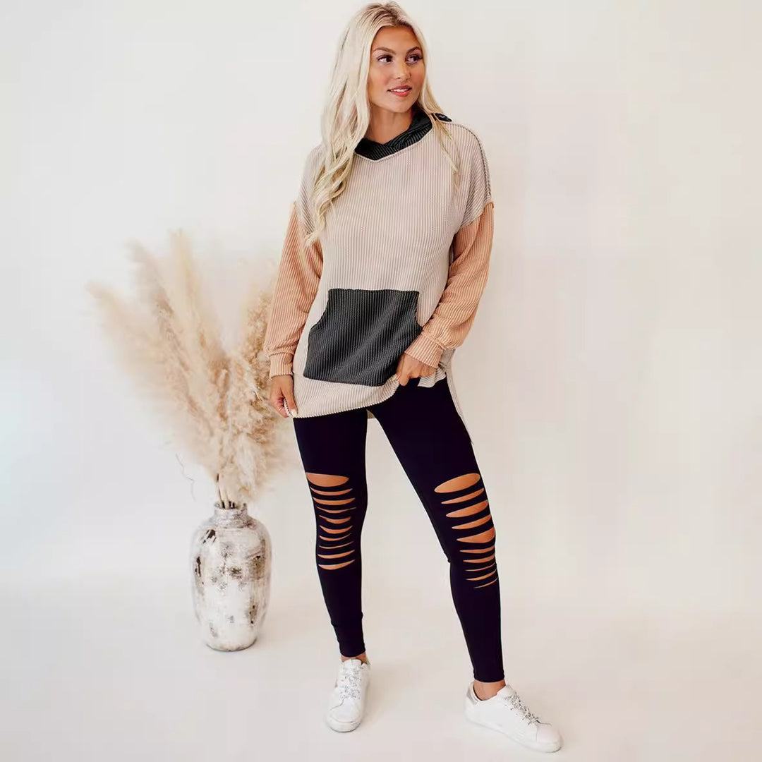 Damen lässiger Kapuzenpullover mit strukturiertem Design und praktischen Taschen EB