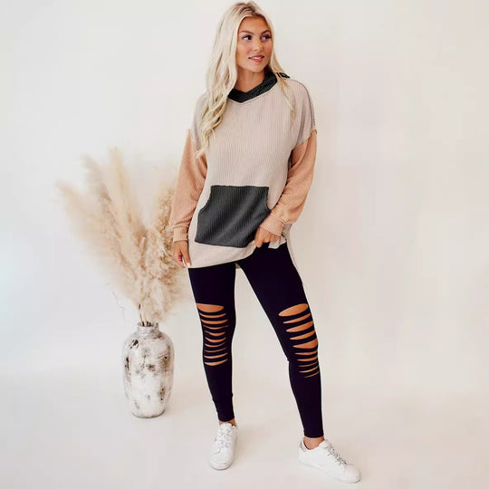 Damen lässiger Kapuzenpullover mit strukturiertem Design und praktischen Taschen EB