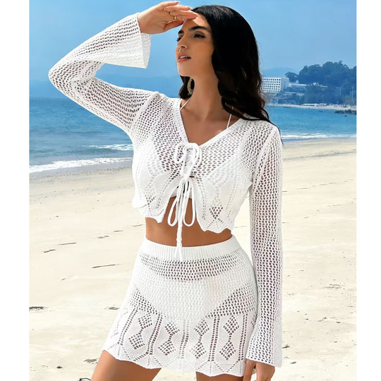 Damen Häkel-Crop-Top und Minirock Set EB