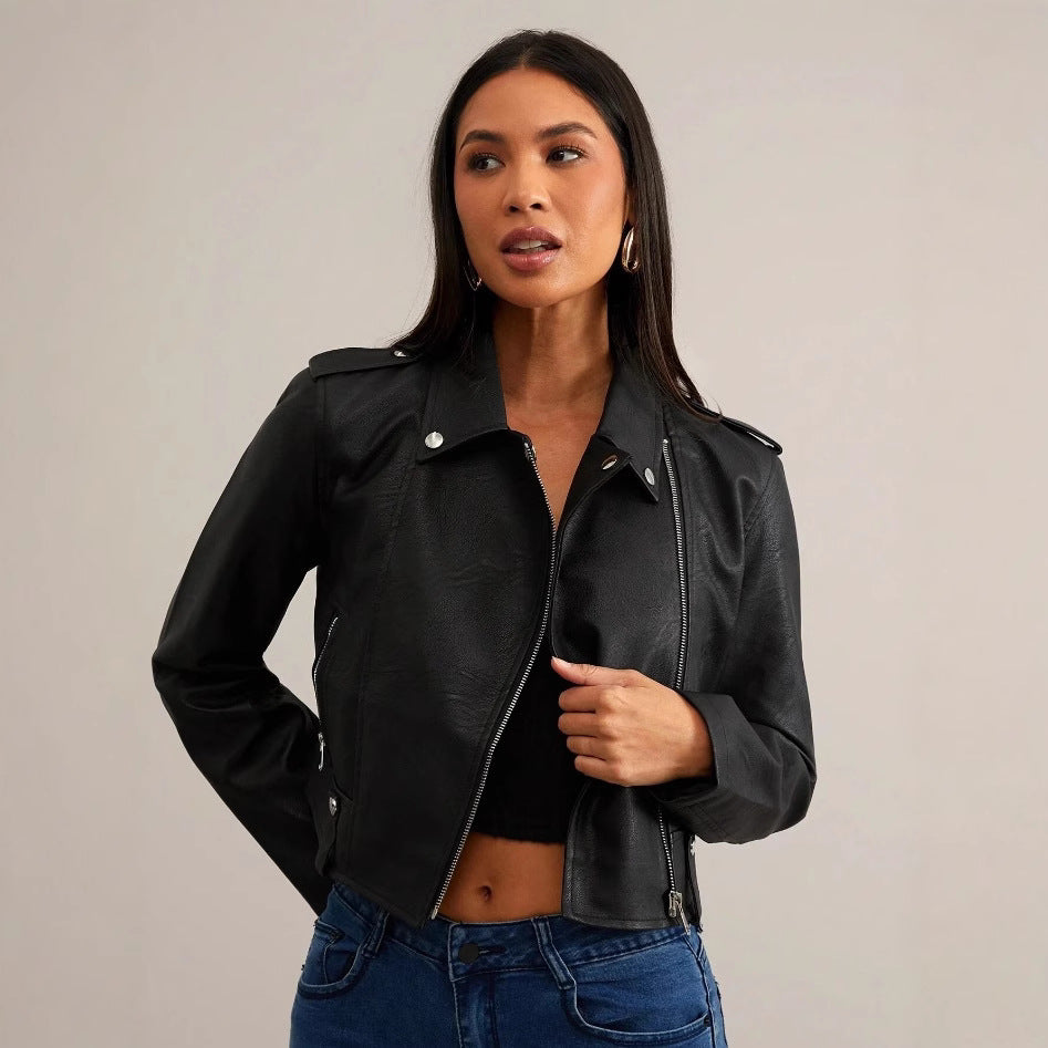 Damen modische Bikerjacke aus Kunstleder mit stilvollem Reißverschluss EB