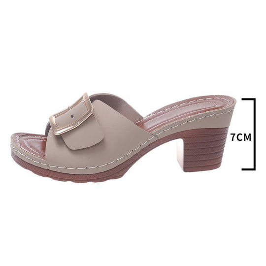 Damen Offene Slip-On Mules mit mittelhohem Blockabsatz und großer Zierschnalle EB